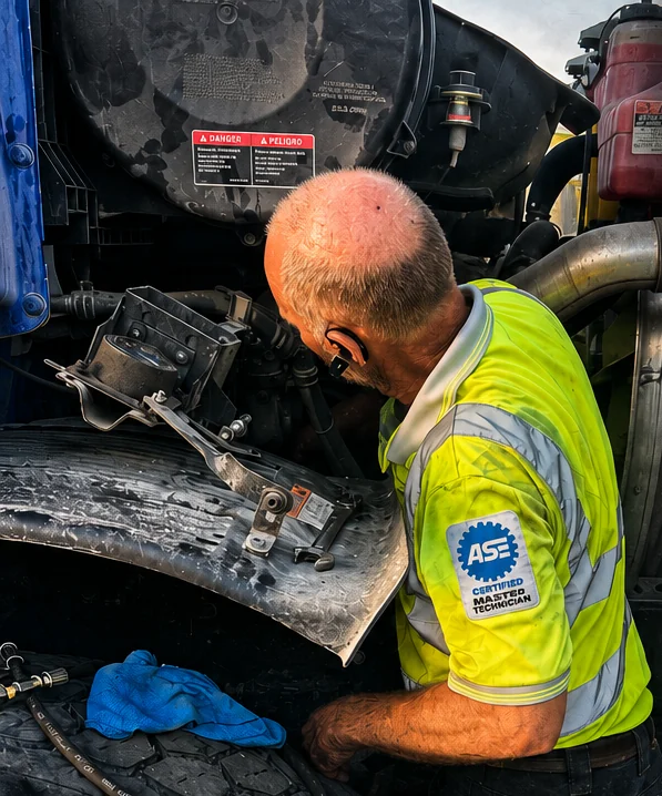 Technician in a high-visibility shirt working under the hood of a truck